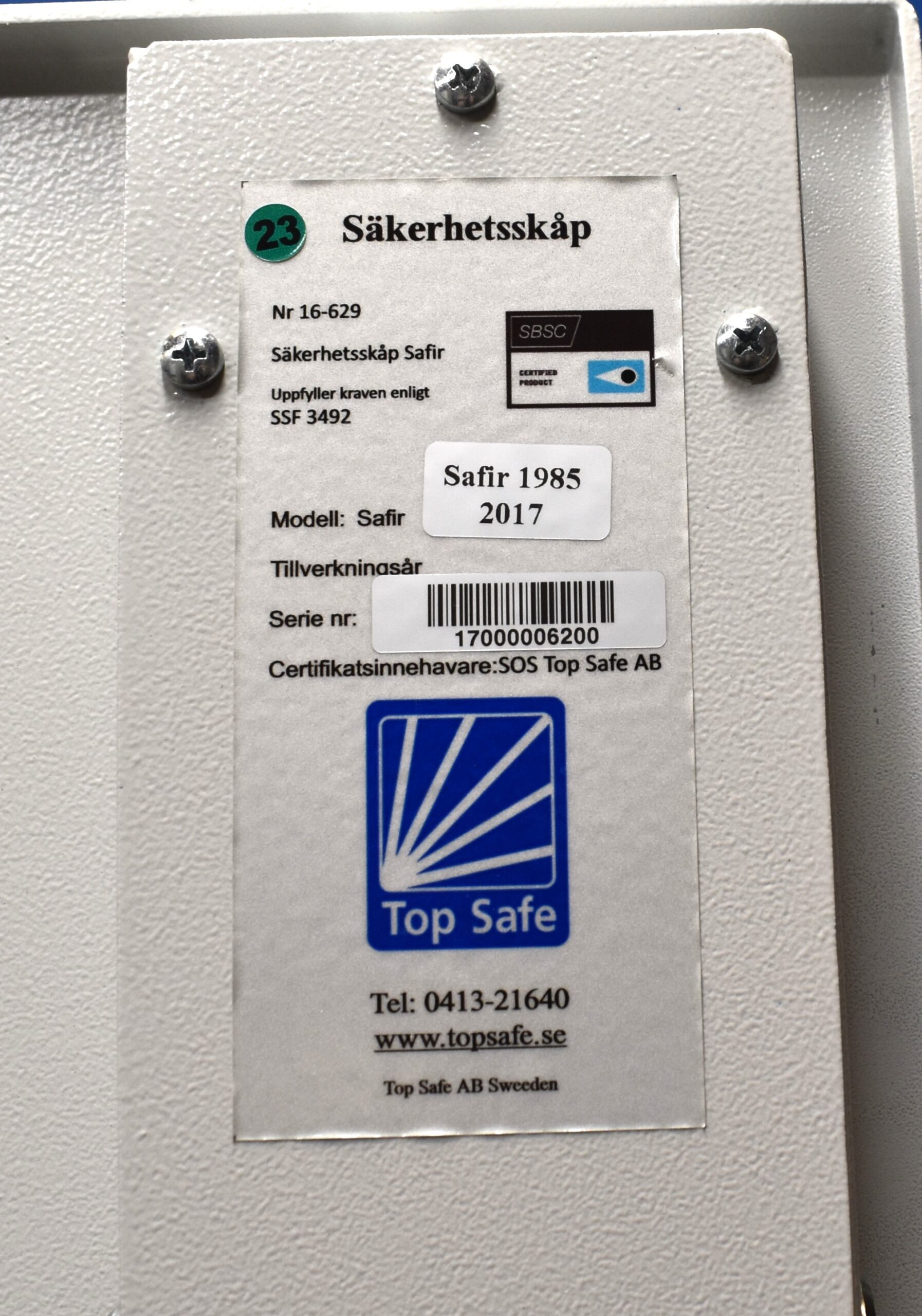 Begagnat Säkerhetsskåp Topsafe Safir 1985 Klassningsskylt