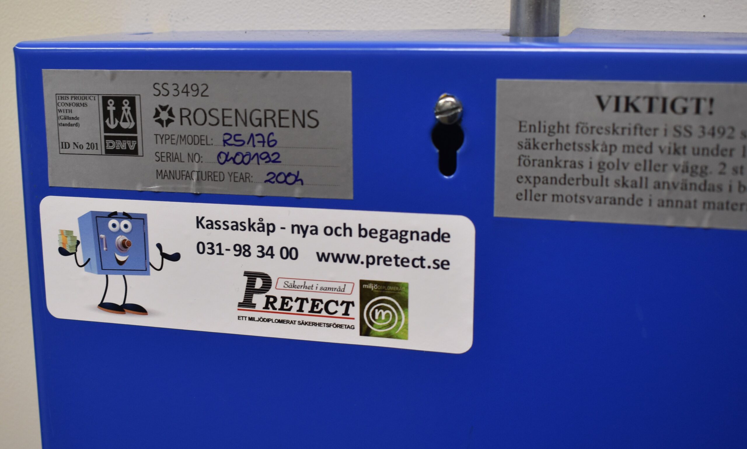 Begagnat Säkerhetsskåp Rosengren RS176 Klassningsskylt